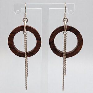 Handmade Brown Circular Wood & Sterling Silver 925 Chain Tassel Earrings